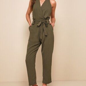 Lulus In The City Olive Green Surplice Sleeveless Jumpsuit - Size S